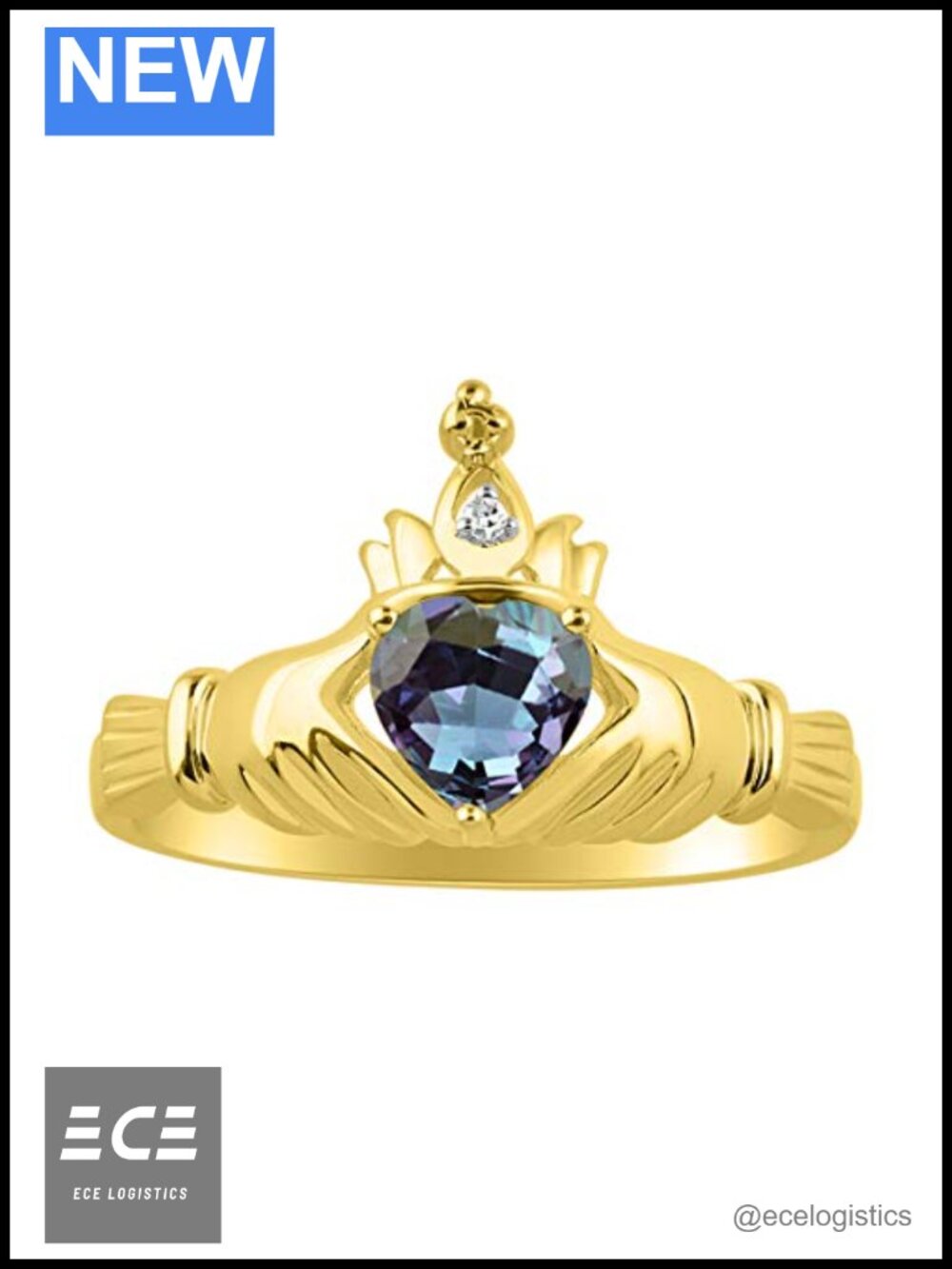 14K Gold Plated Silver Claddagh Ring Heart Gemstone Diamond
